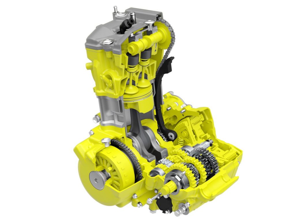 DR-Z4 系列核心魅力来自那具 398cc 水冷单汽缸引擎。它承袭 DR-Z400 的基本设计，但透过内部零件大幅更新（如图中黄色部分），以实现最新的性能表现并符合最新的排放标准。
