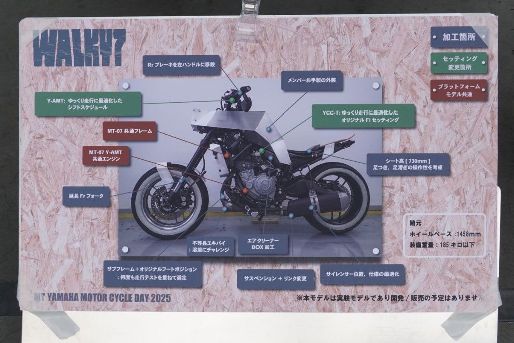 展示板上列出了與 MT-07 Y-AMT 的差異。雖然上面清楚標註「本車為實驗性模型，暫無開發或量產計畫」，但凡事很難說……不過至少目前是如此。