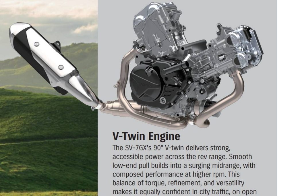 除了常規配置外,這款645cc 90度V型雙缸引擎還進行了現代化升級,配備了全新的電子油門和騎乘模式選擇系統,並新增了快速換檔功能