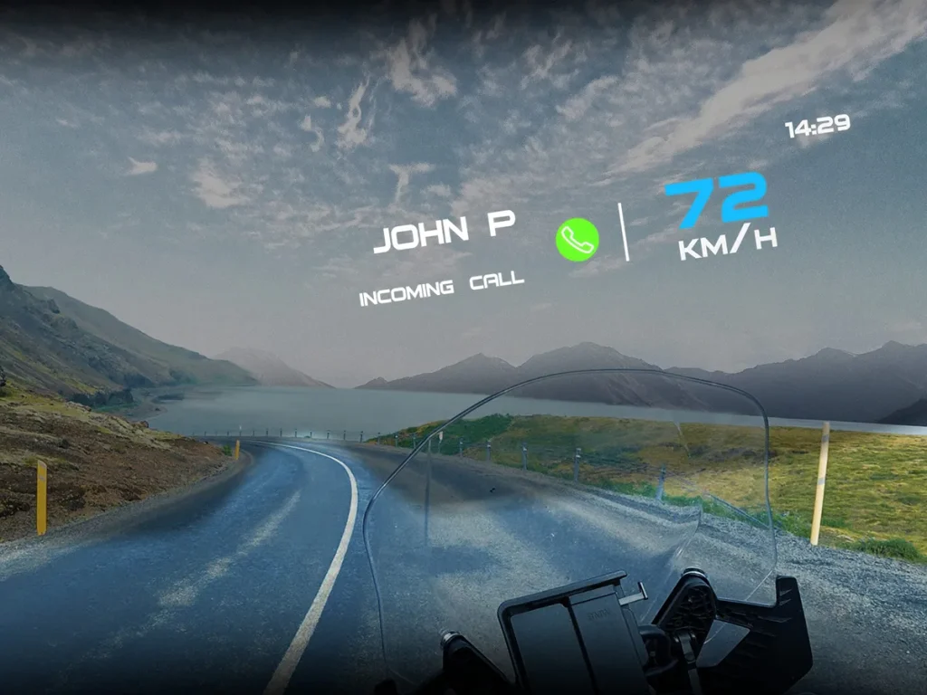 “GT-Air 3 Smart”的资讯投影示意图。资讯显示在骑士视线前方 3 公尺处，实现了高可视性与视野确保的两者兼顾。