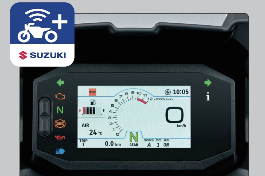 4.5 吋顯示器可讓您使用 Suzuki Ride Connect+ 查看各種訊息,包括導航顯示