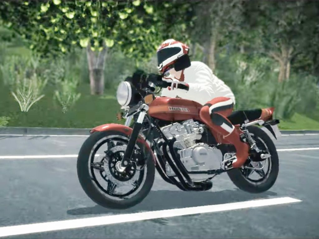 出現在 2X 介紹影片中出現的畫面。這台小郡(巨摩郡)那輛裝有集合管&分離式把手的CB750FB。