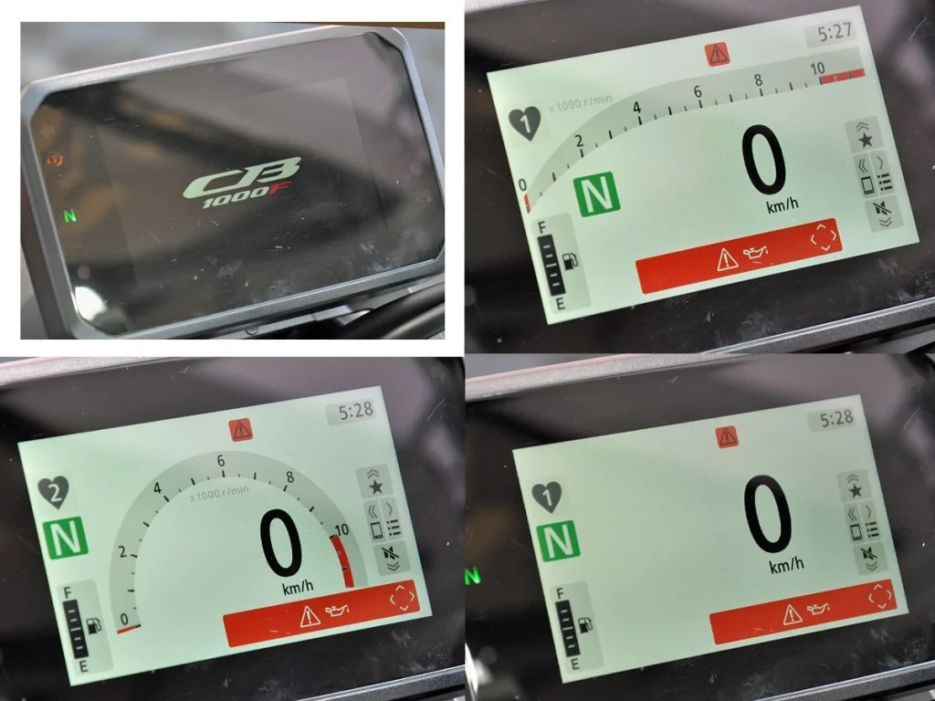 開啟電源後,螢幕上會出現「CB1000F」動畫(位於左上角)。顯示模式有三種:圓形、條形和簡約,背景顏色可以選擇白色、黑色或自動