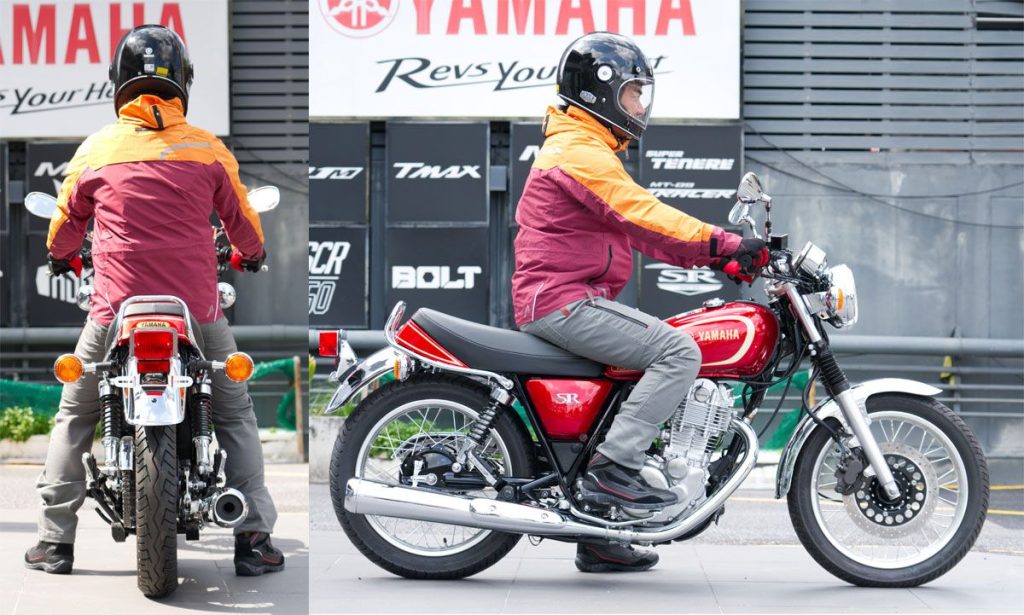 即使是泰規版本，SR400 以纖細車身設計，優異的雙腳著地性依然不變。身高 173 cm 的騎士可雙腳腳跟完全著地。