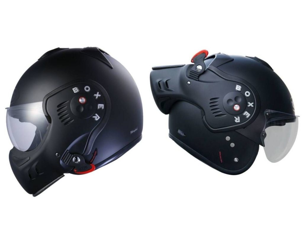 ROOF“BOXER V8”可掀式/可揭示/Flip-Up安全帽(头盔)，采下巴罩大幅旋转式设计。这款独特帽款在日本因电影亮相而备受瞩目。