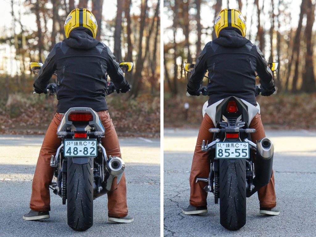 左為 F，右為 Hornet。照片中 F 看似腳跟微浮，但實際能輕微著地。另外請留意 F 的腳落在腳踏後方，而 Hornet 則落在前方。