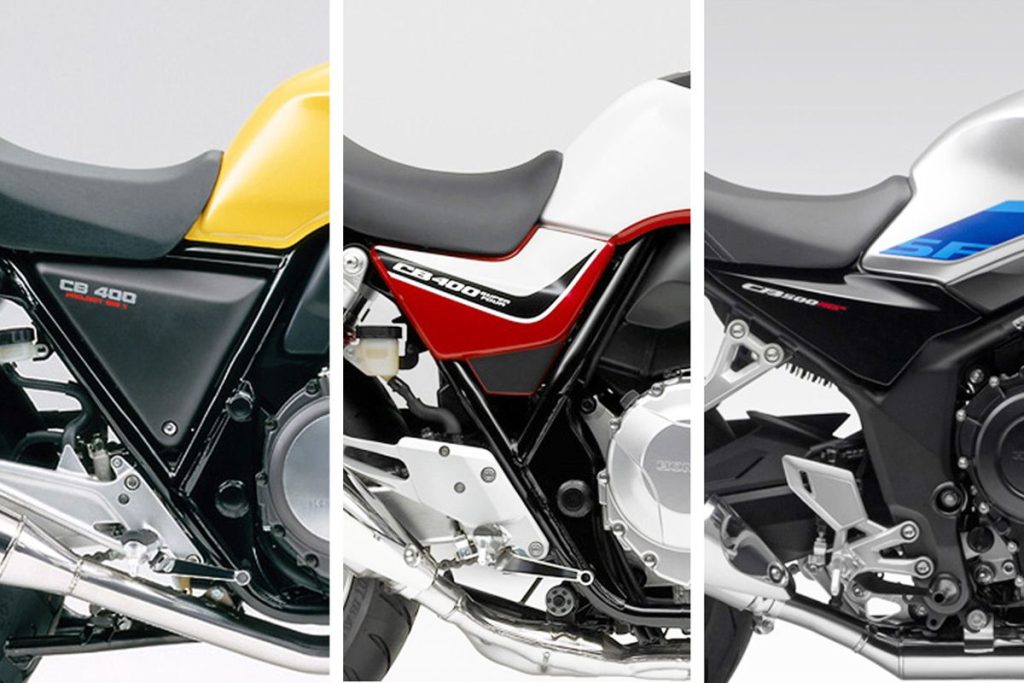相對於最左側的 NC31，中間的 NC42 側蓋前方的車架鋼管似乎有所後退（請注意其與搖臂軸心之間的距離），導致容納側蓋的車架三角形空間變小了。而採用鑽石式車架的 CB500SF，其側蓋設計則擺脫了車架的束縛。