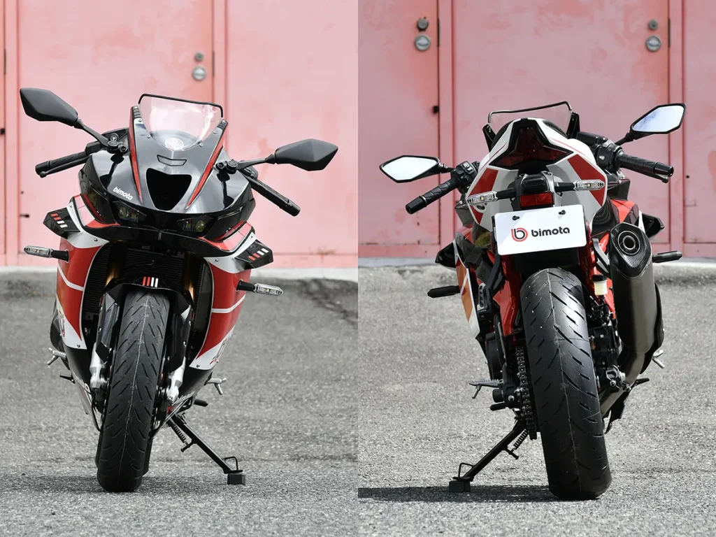 車頭整流罩中央設有大型進氣口，搭配 BIMOTA 一貫銳利洗鍊的配色與尾部線條，整體看起來更具義式性能美學。