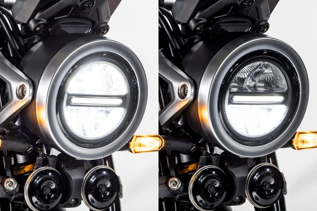 LED 大灯在近光灯（Low Beam）模式下仅点亮下半部，远光灯（High Beam）模式则上下全亮，中心还配置了一条横杠式的定位灯（Position Light）。