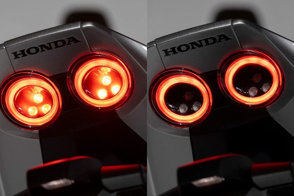 尾灯采用经典的“圆形双灯”设计。当按下煞车时，灯壳内会有 3 颗 LED 同时亮起。