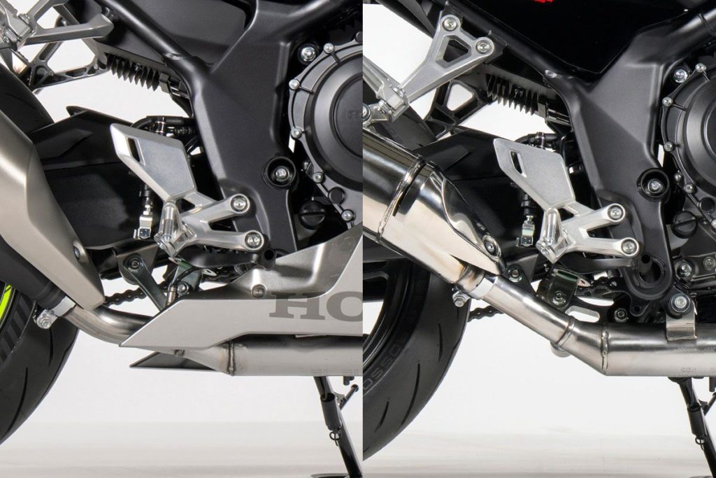 連接觸媒轉換器和消音器的管段在CBR（左）和CB之間長度和角度不同。因此，使用同款排氣管互換的可能性似乎不大