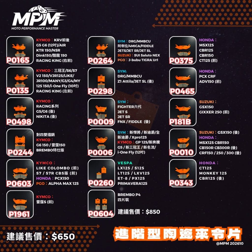 MPM 官方進階型陶瓷來令片 對應車型型錄 2