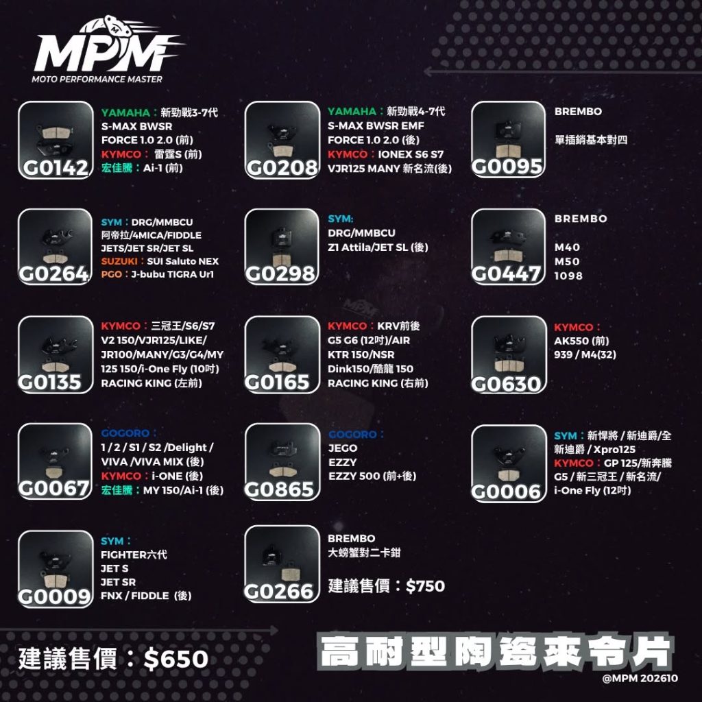 MPM 官方高耐型陶瓷來令片 對應車型型錄